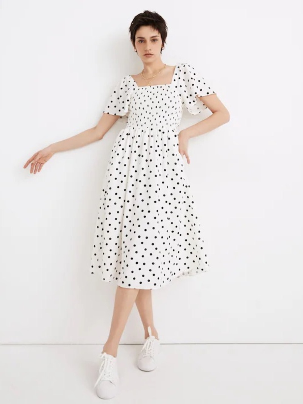 Madewell Linen-Blend Lucie Smocked Square Neck Midi Dress Small White Polka Dot